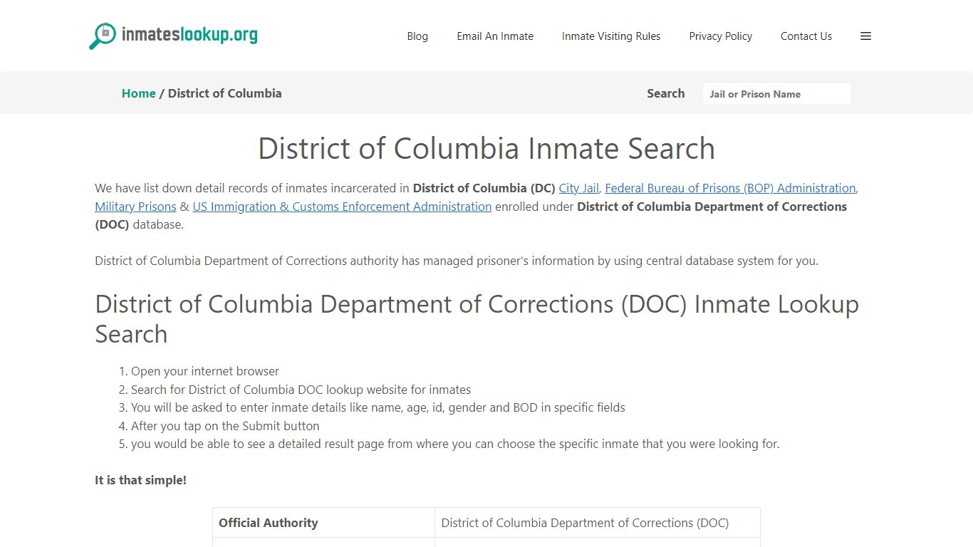 District of Columbia Inmate Search - Inmates lookup